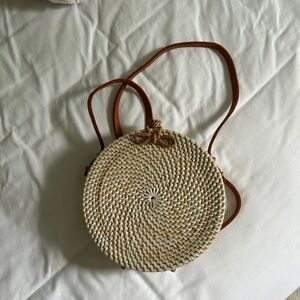 Round Woven Crossbody Bag - Tan and Cream
